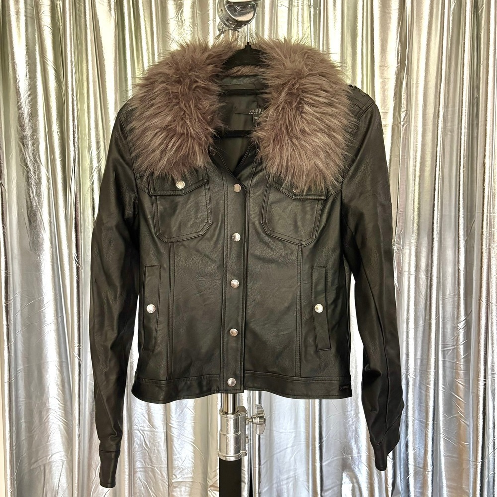 Guess LA Faux Leather Jacket with Faux Fur Collar